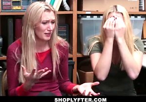 Skinny blonde has to ride cock after shoplifting